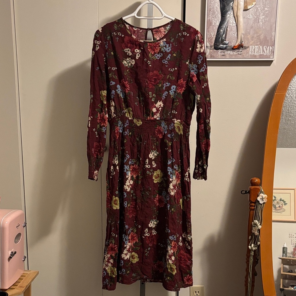Floral Long Sleeve Dress - Burgundy
